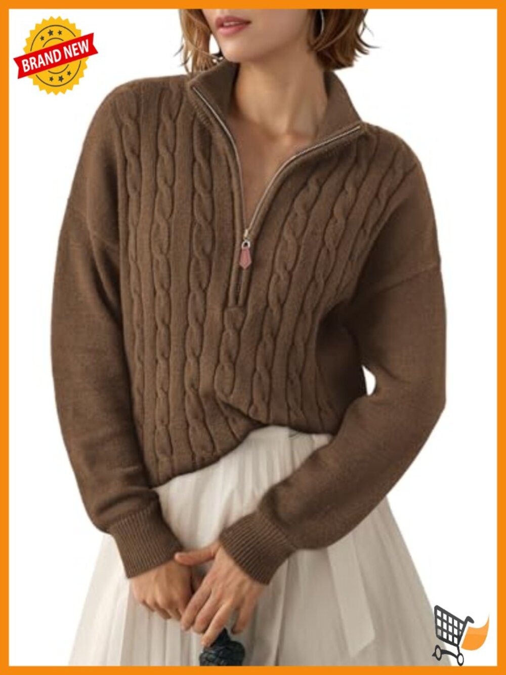 Women's Quarter Zip Ribbed Cable Knit Sweater V-Neck Pullover